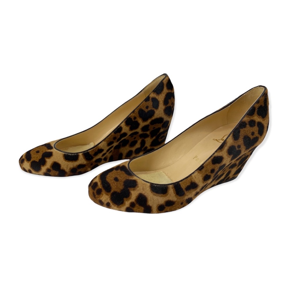 LOUBOUTIN Melissa Leopard Pony Hair Round Toe Wedge Pumps Heels Shoes